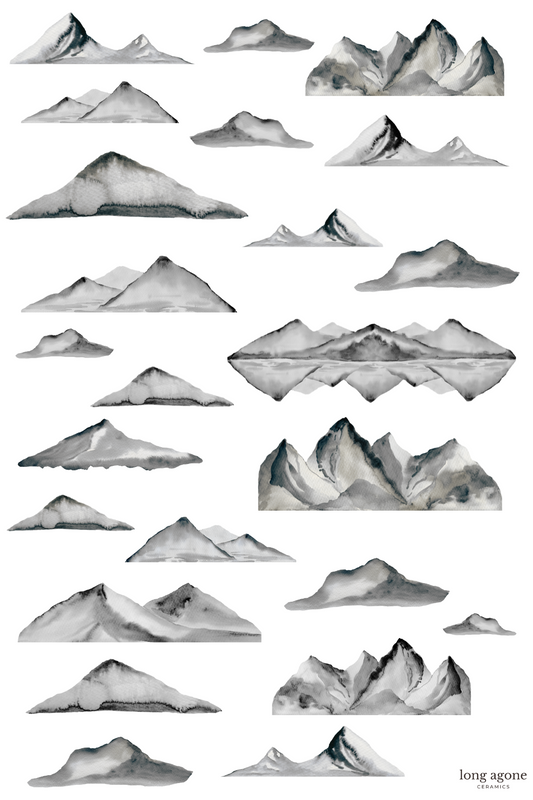 Watercolour Mountains (Grey Charcoal Colour)- A4 Size Pottery Ceramic Decal Transfer Sheet t