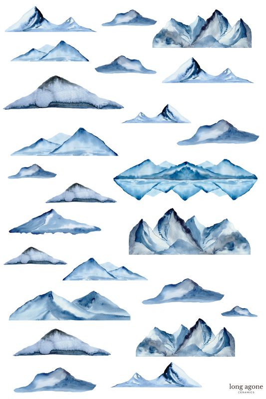 Watercolour Mountains (Blue Colour)- A4 Size Pottery Ceramic Decal Transfer Sheet cal Sheet