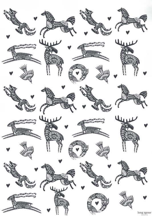 Folk Forest Companions- A4 Size Pottery Ceramic Decal Transfer Sheet  Overglaze Decal Sheet