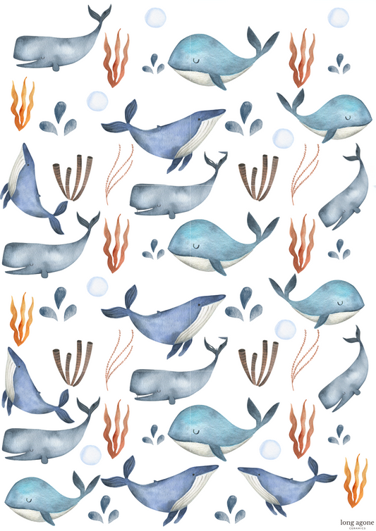 Watercolour Whales - A4 Size Pottery Ceramic Decal Transfer Sheet