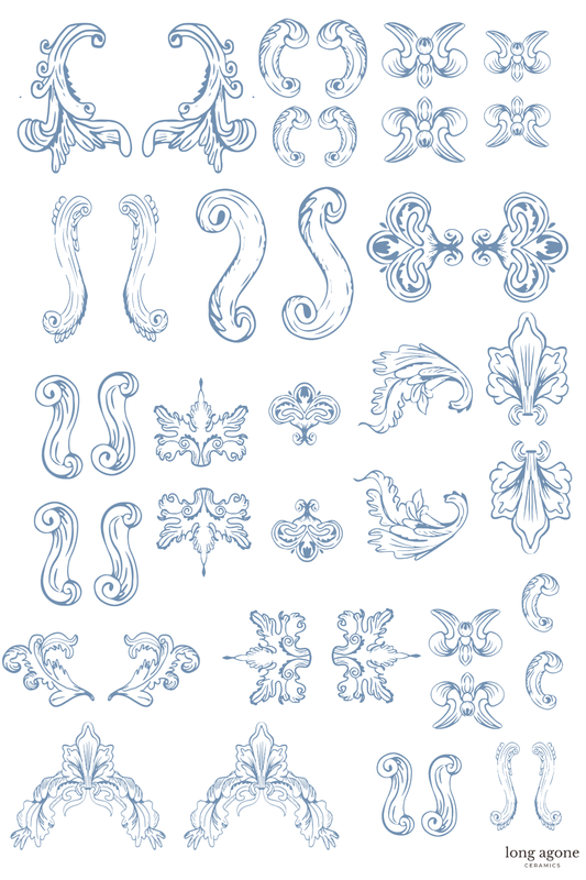 Baroque Blue Elements- A4 Size Pottery Ceramic Decal Transfer Sheet